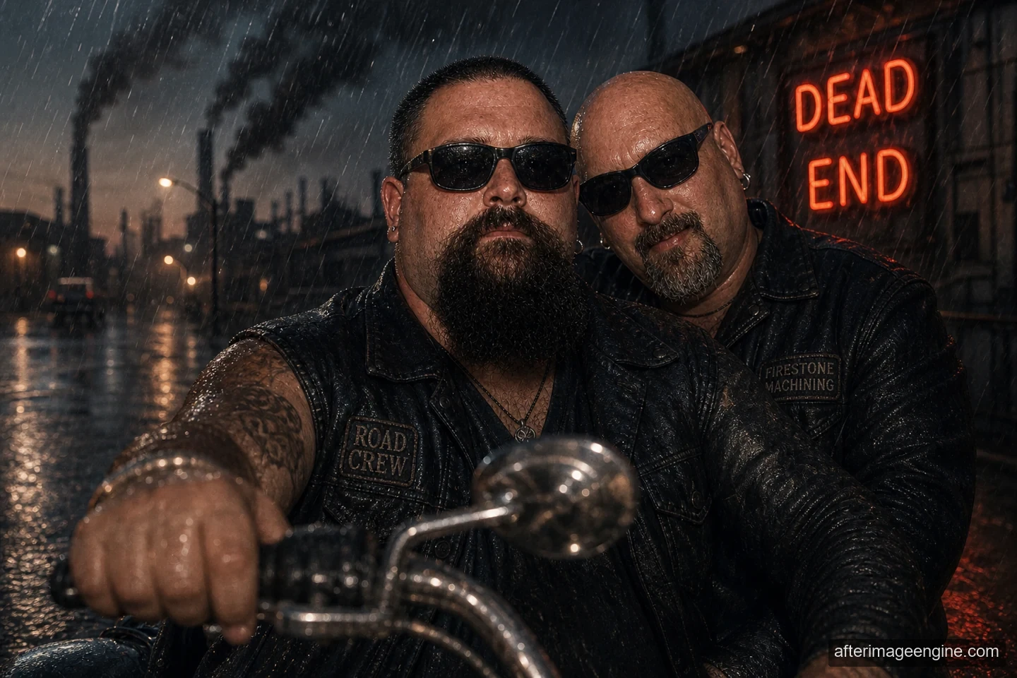 Two men in dark glasses sit on a motorcycle in an industrial landscape; DEAD END is still visible.