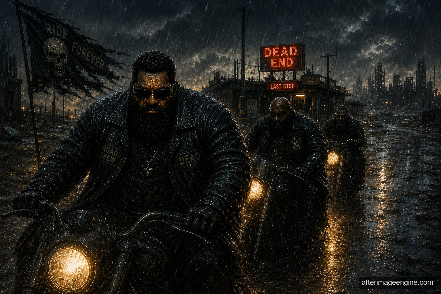 Motorcyclists ride toward the viewer through rain, with a red DEAD END sign behind them.