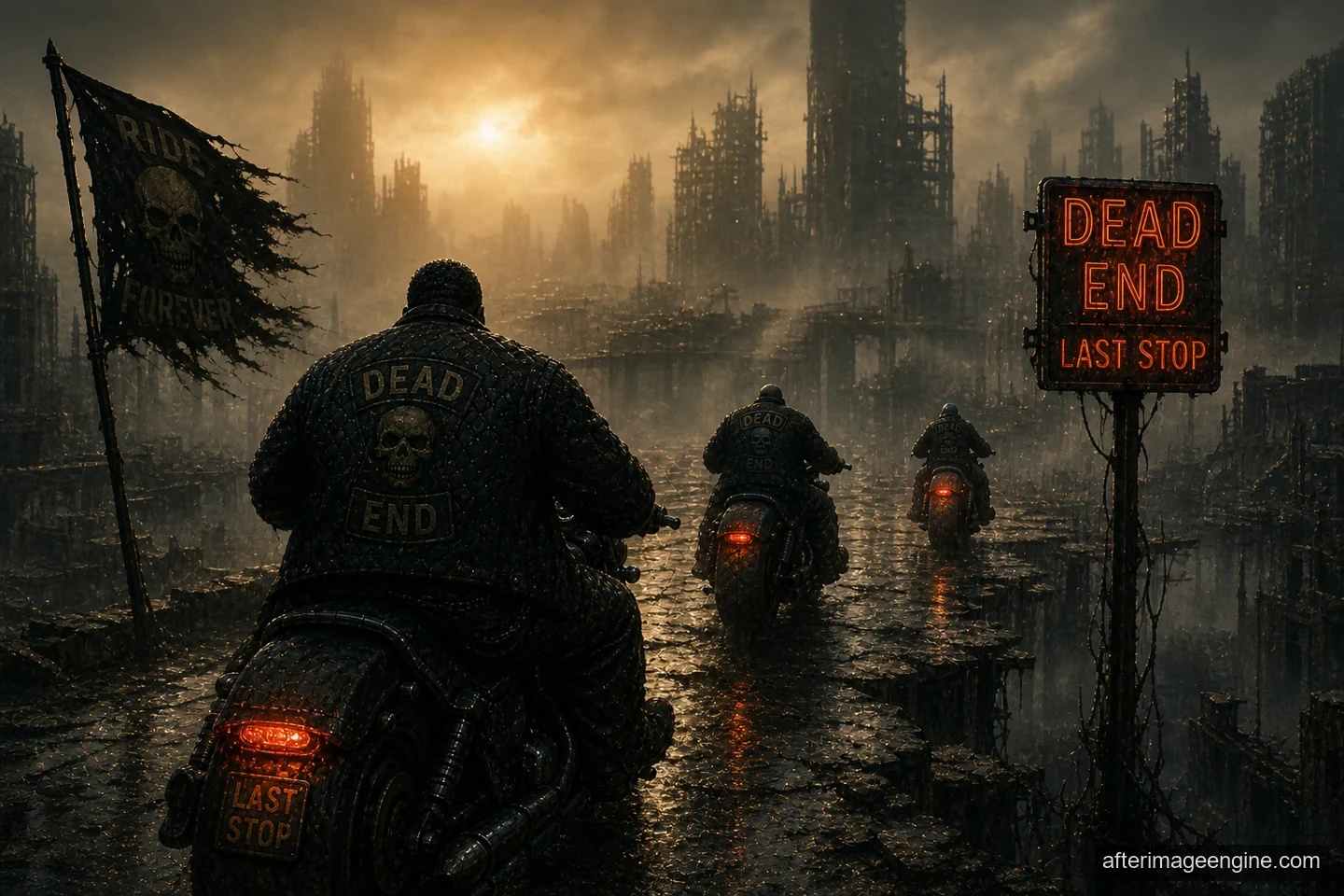 Motorcyclists ride away from the viewer toward a lit DEAD END sign in a flooded landscape.