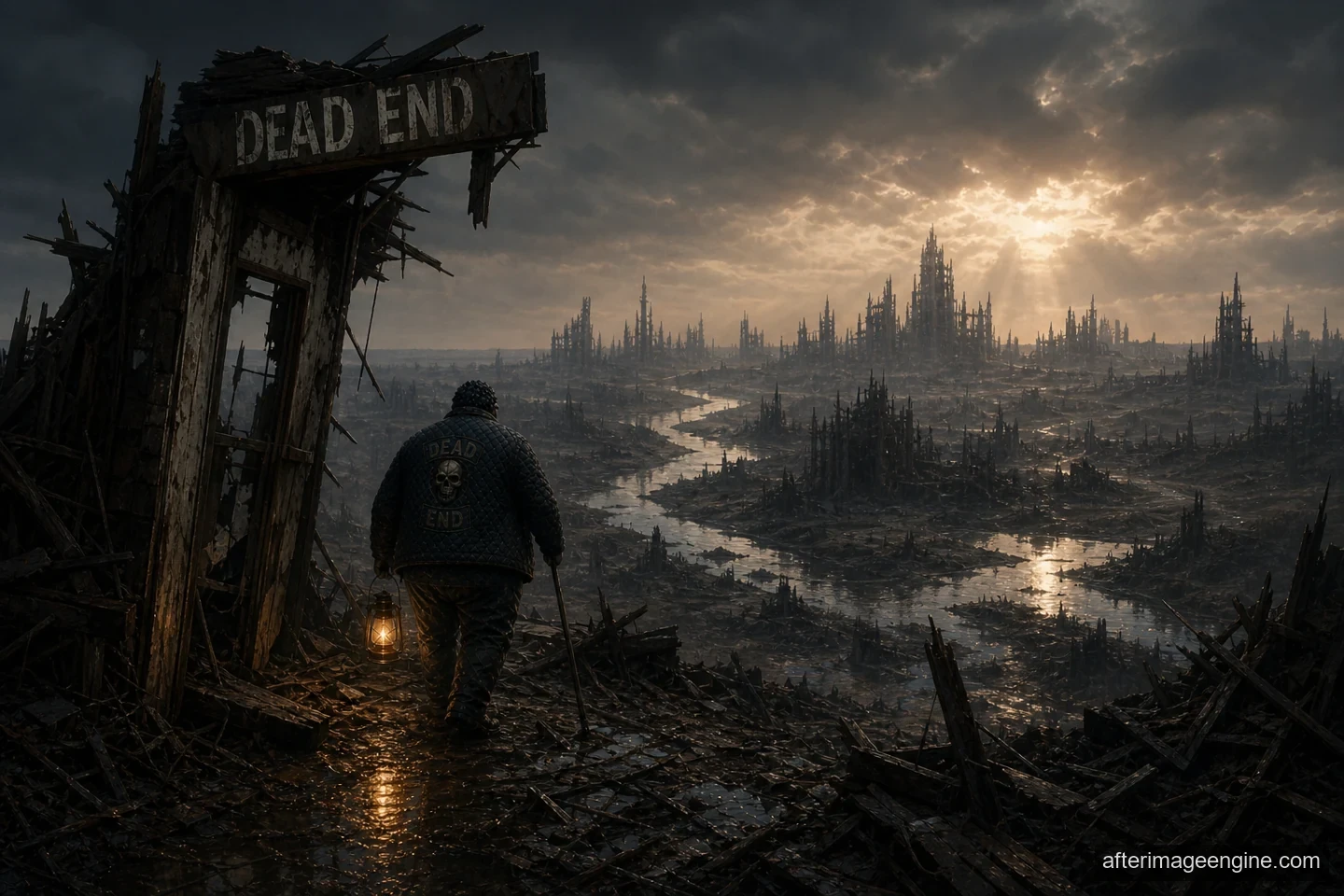 A lone traveler stands beneath a ruined DEAD END sign, carrying a lantern beside a flooded landscape.