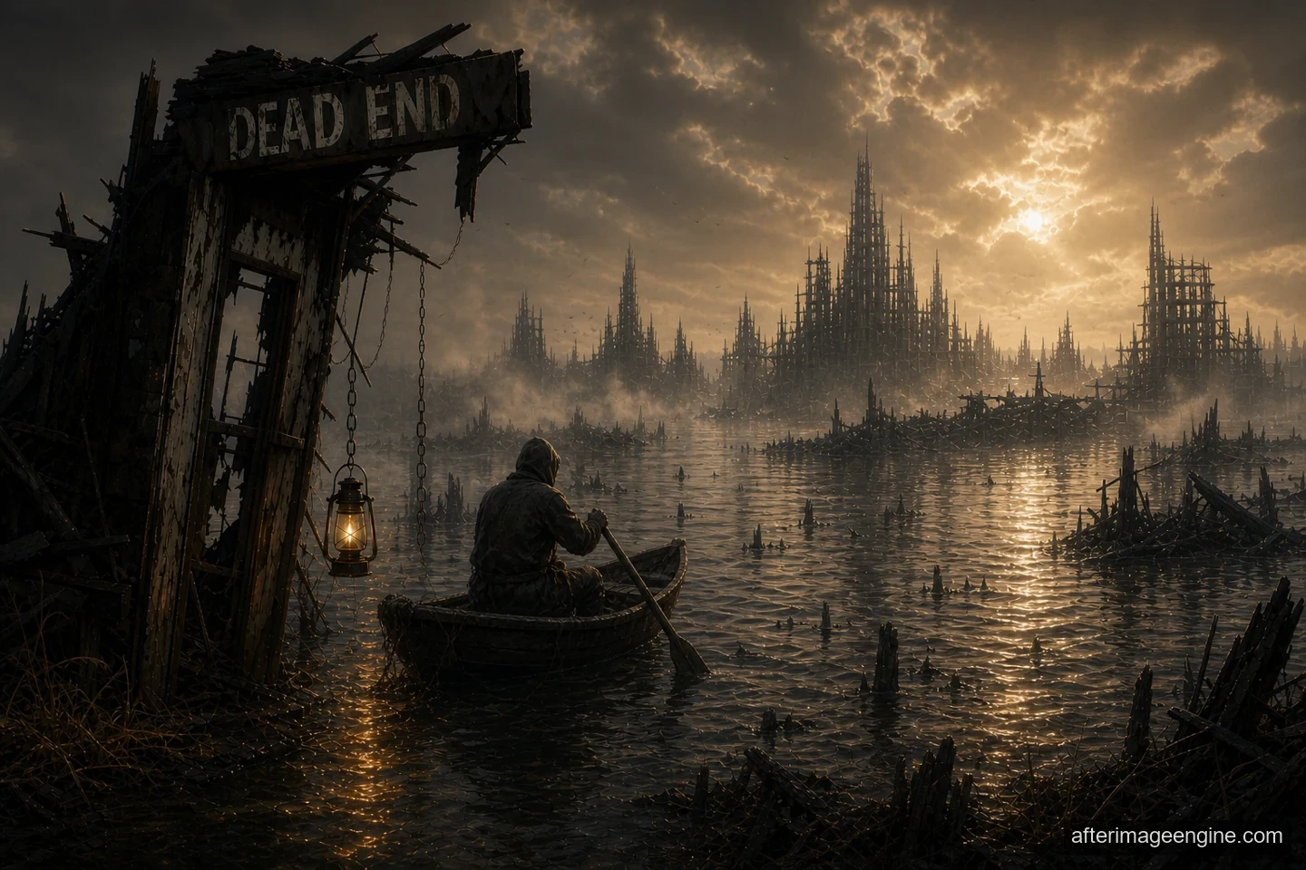 A hooded figure paddles a boat below the same sign and hanging lantern.