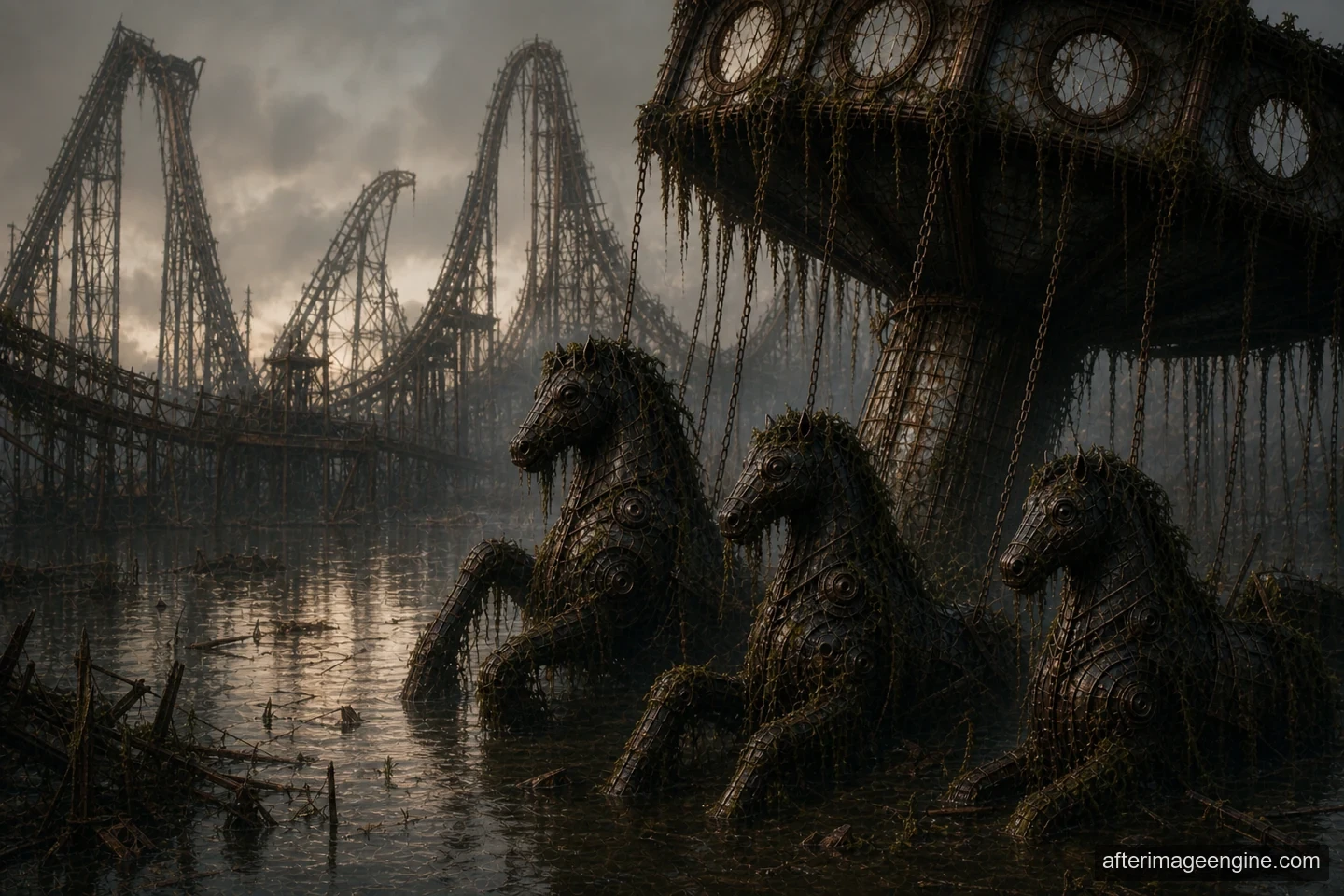 Partly submerged carousel horses and skeletal roller-coaster tracks fill a flooded amusement park.