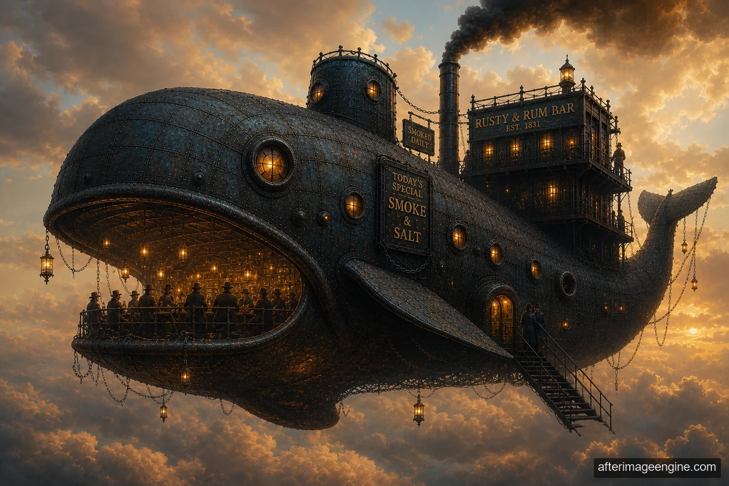 A huge metal whale floats in the sky, carrying a bar and smokestack, with people gathered inside its open mouth.
