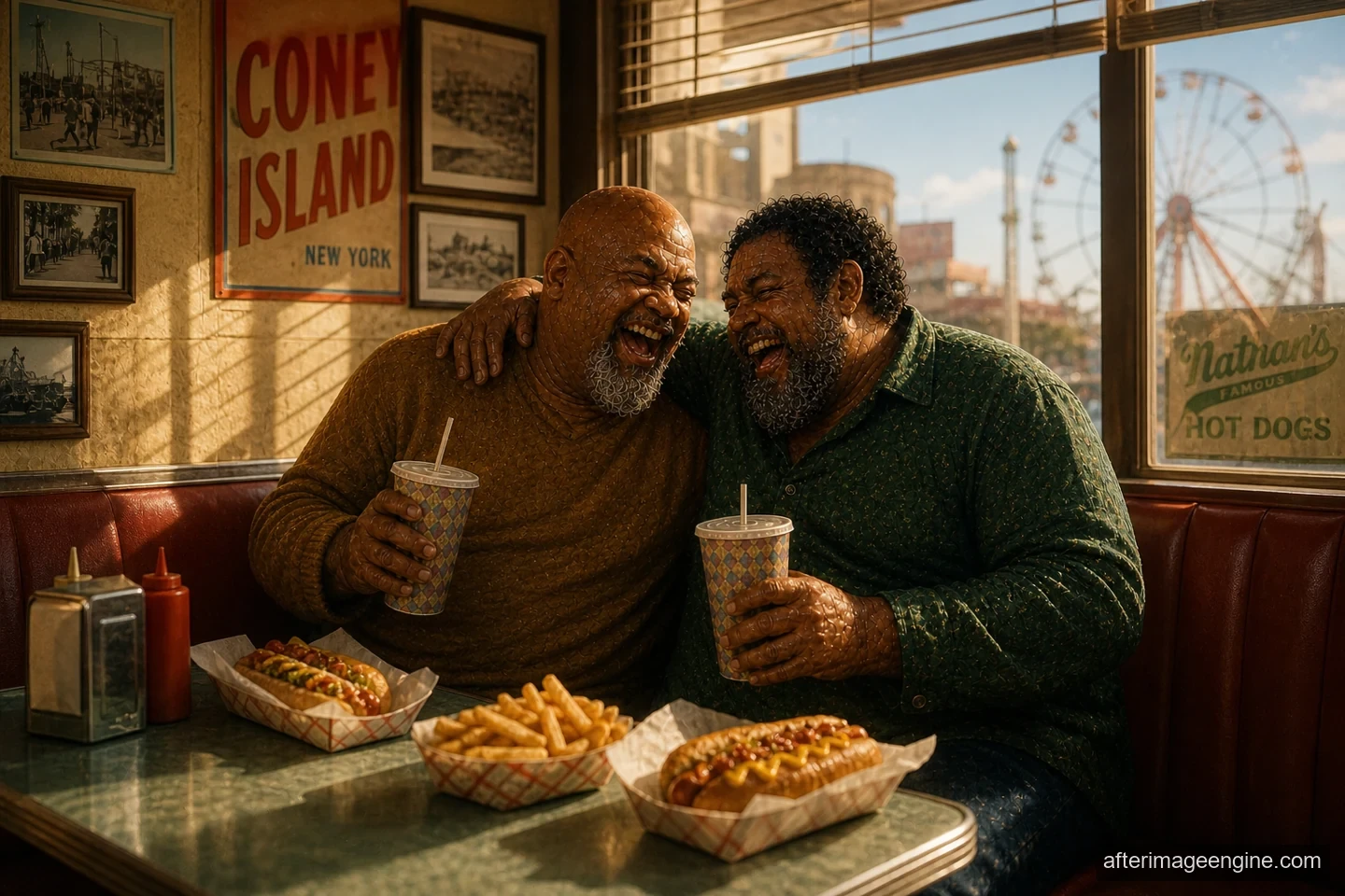 Two men laugh together over food and drinks in a warm diner overlooking a Ferris wheel.