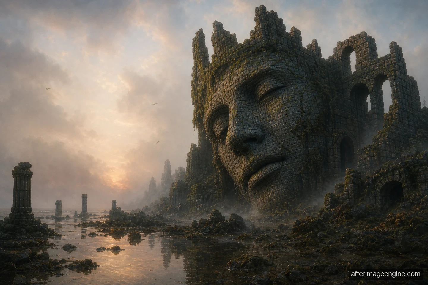 A monumental closed-eyed face forms part of a ruined stone structure beside water.