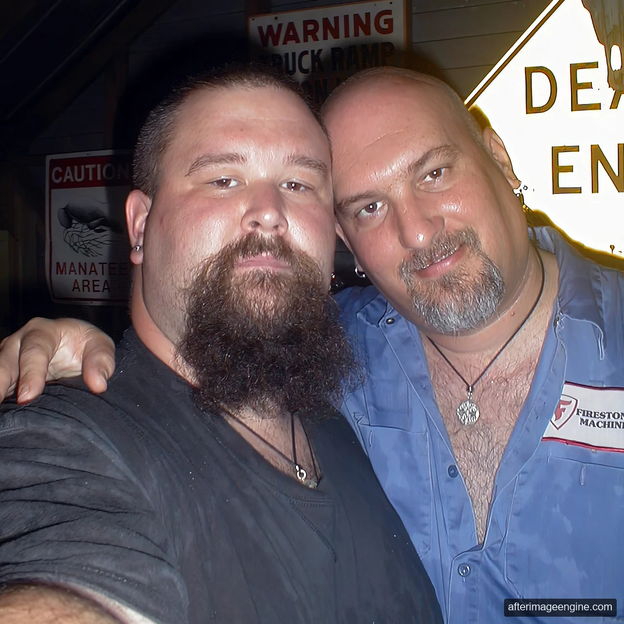 The original photograph: two men together beside signs, including DEAD END.