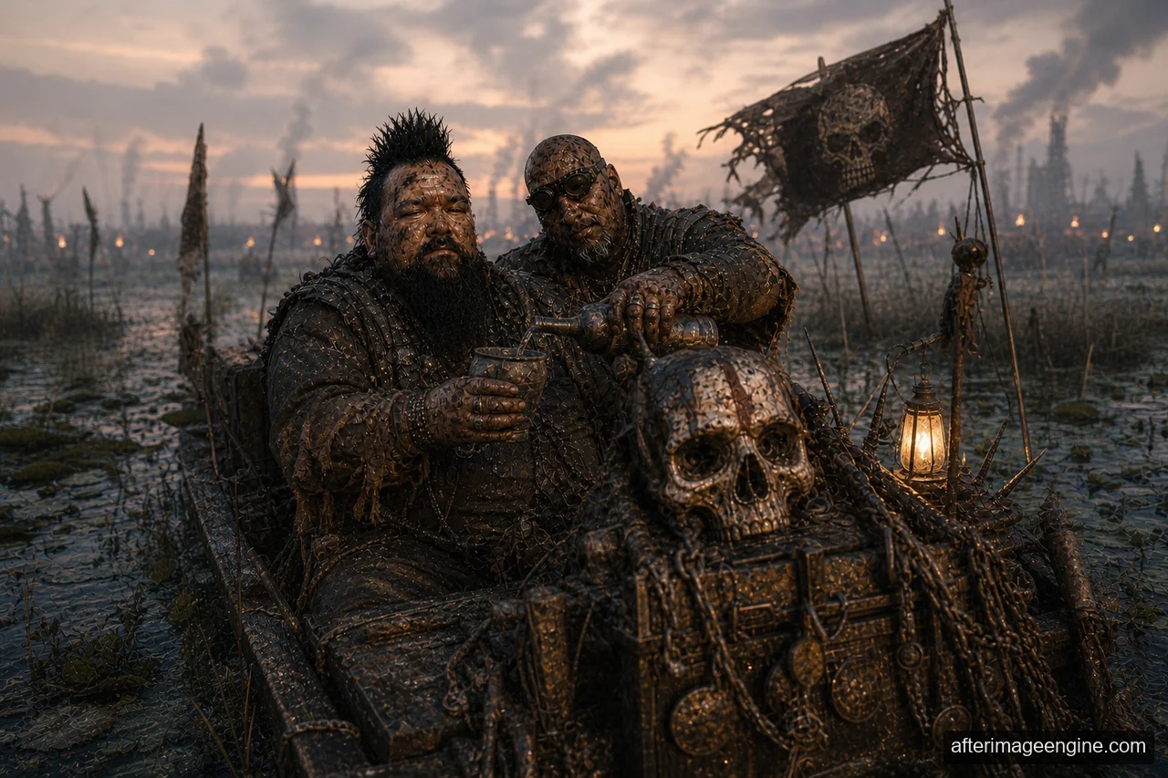 Two men beside a skull-like form in a dark, ruined landscape.