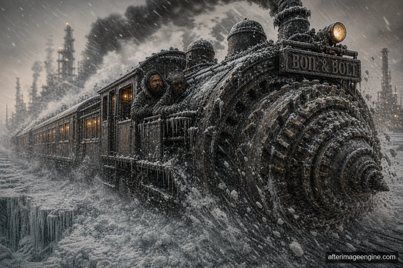 A large drill-fronted locomotive in a snowy landscape beneath a smoking chimney.