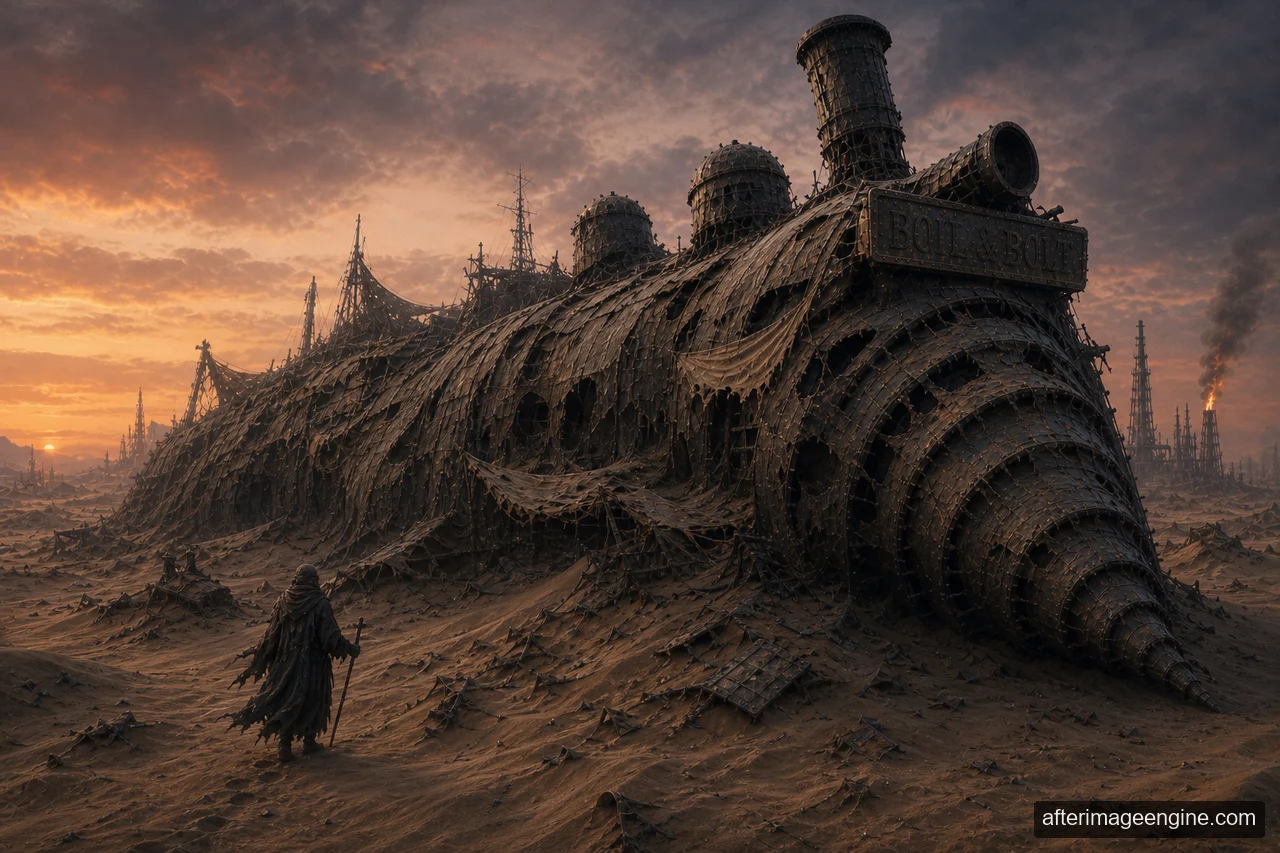 A lone figure stands near a vast rusted drill-fronted machine partly buried in sand.