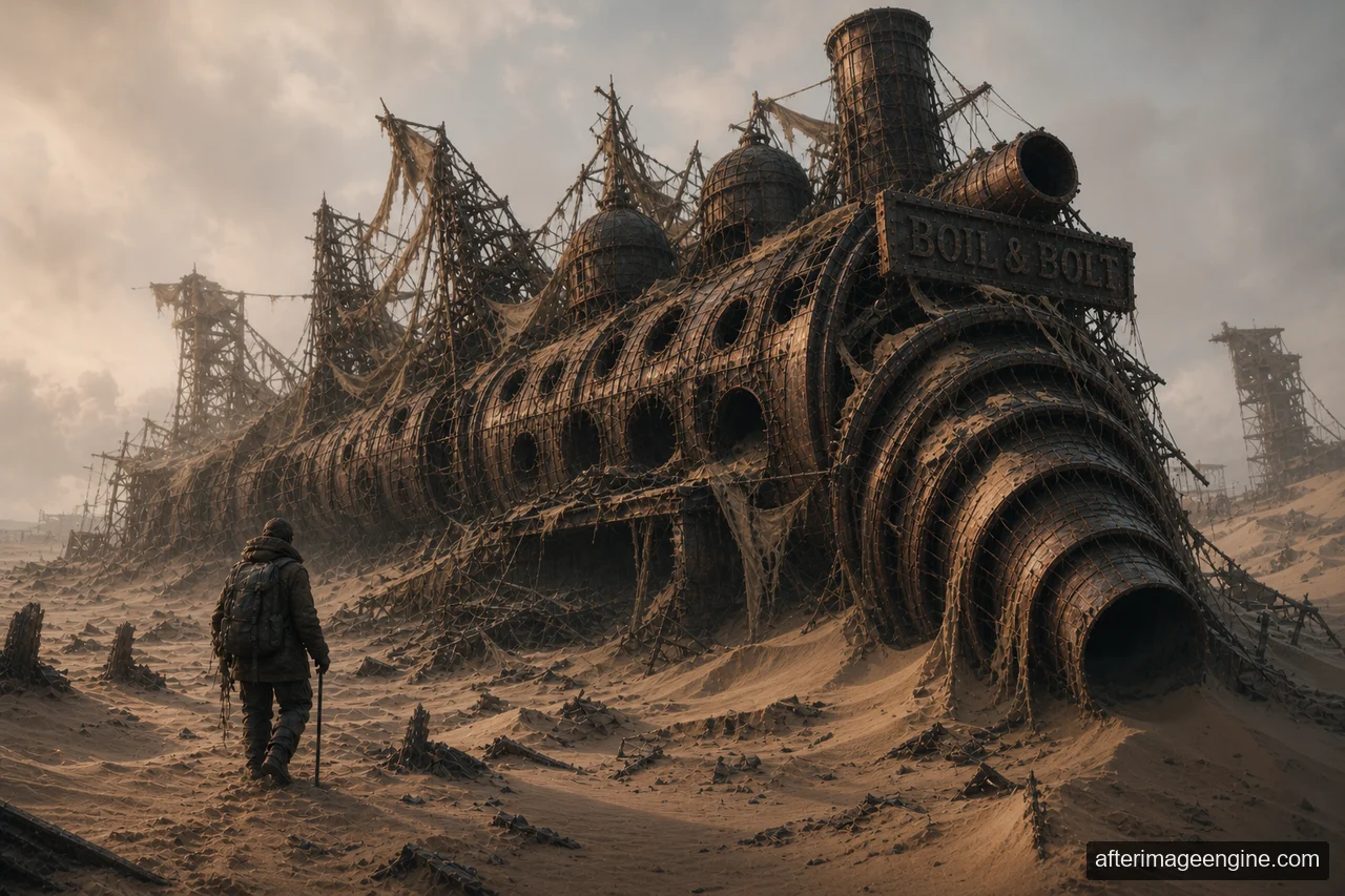 A cloaked figure stands beside a skeletal machine with a spiral drill in a sandy landscape.