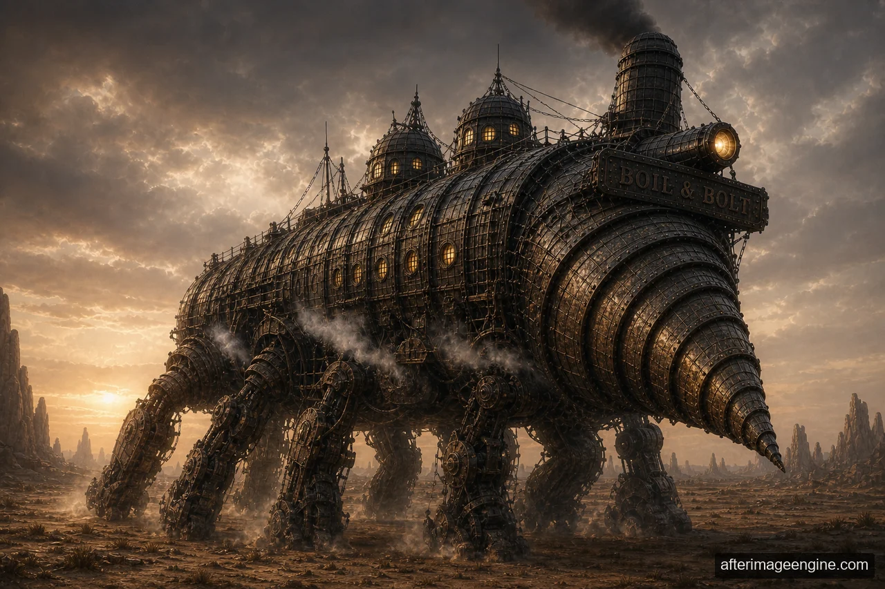 A towering mechanical locomotive walks on articulated legs across a barren landscape beneath a smoky sky.