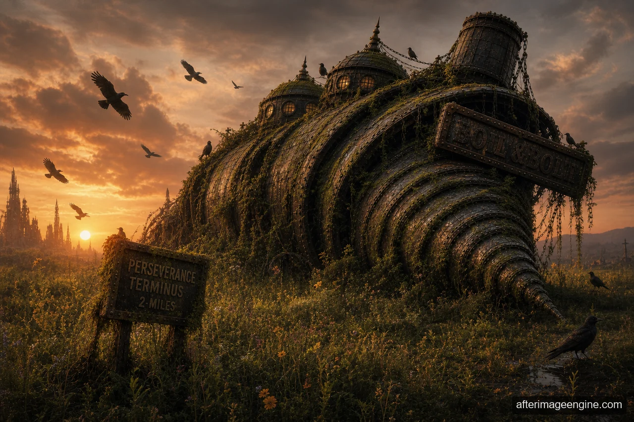A large overgrown metal structure with a tapered, ribbed front stands among birds and roadside signs beneath an orange sunset.