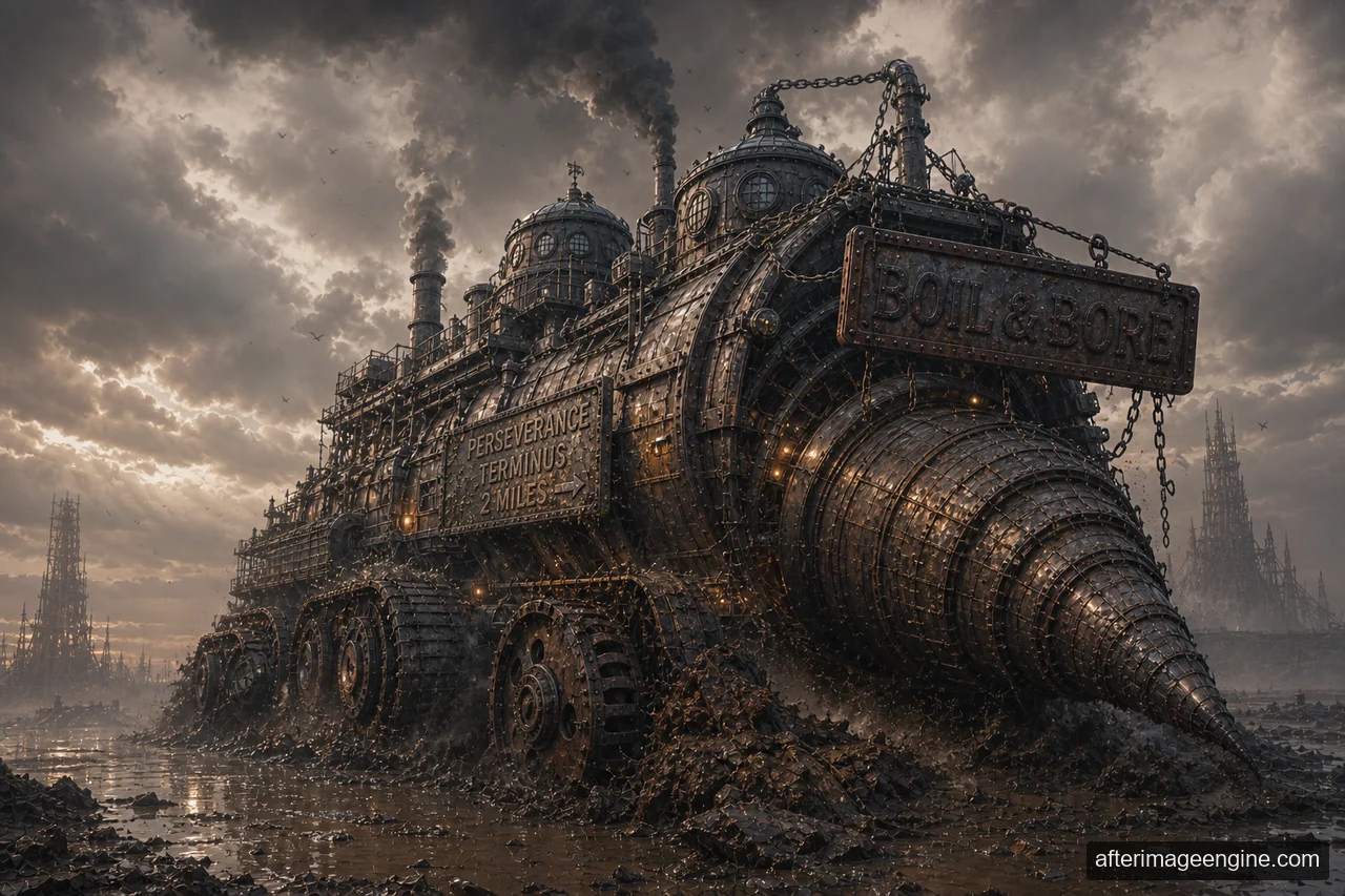 A massive riveted machine with wheels, smokestacks and a pointed drill front stands in muddy ground beneath a cloudy sky, carrying BOIL & BORE and PERSEVERANCE TERMINUS signs.