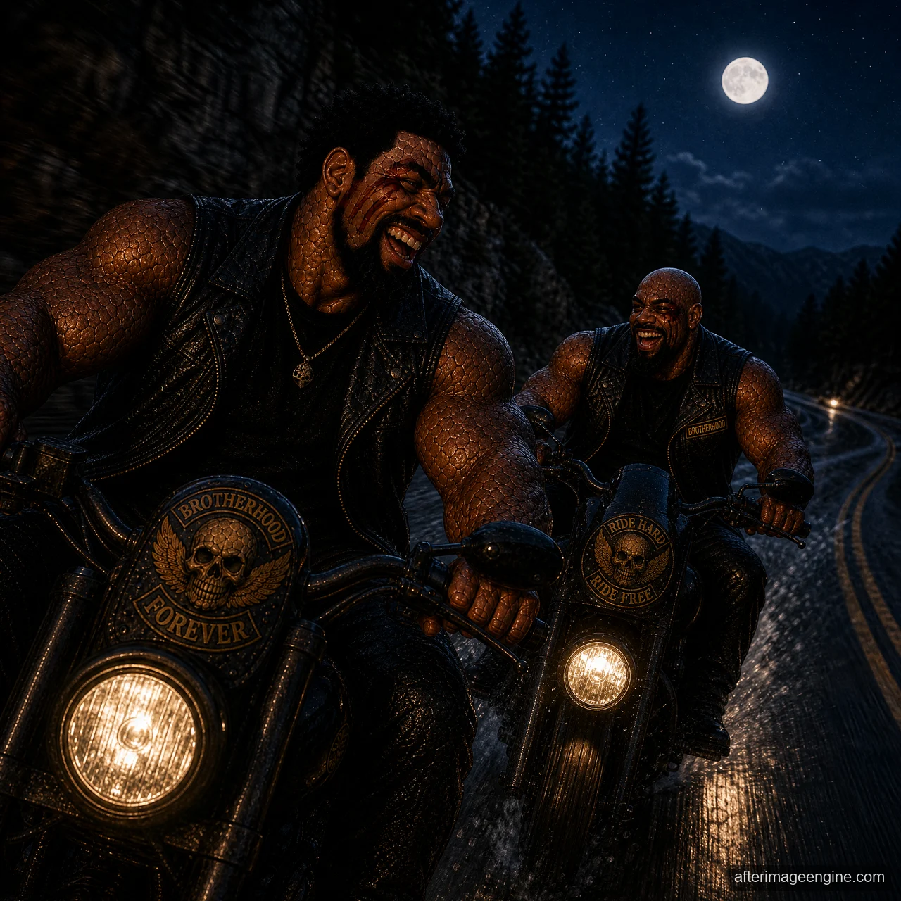 Two men ride motorcycles along a forest road beneath a full moon.
