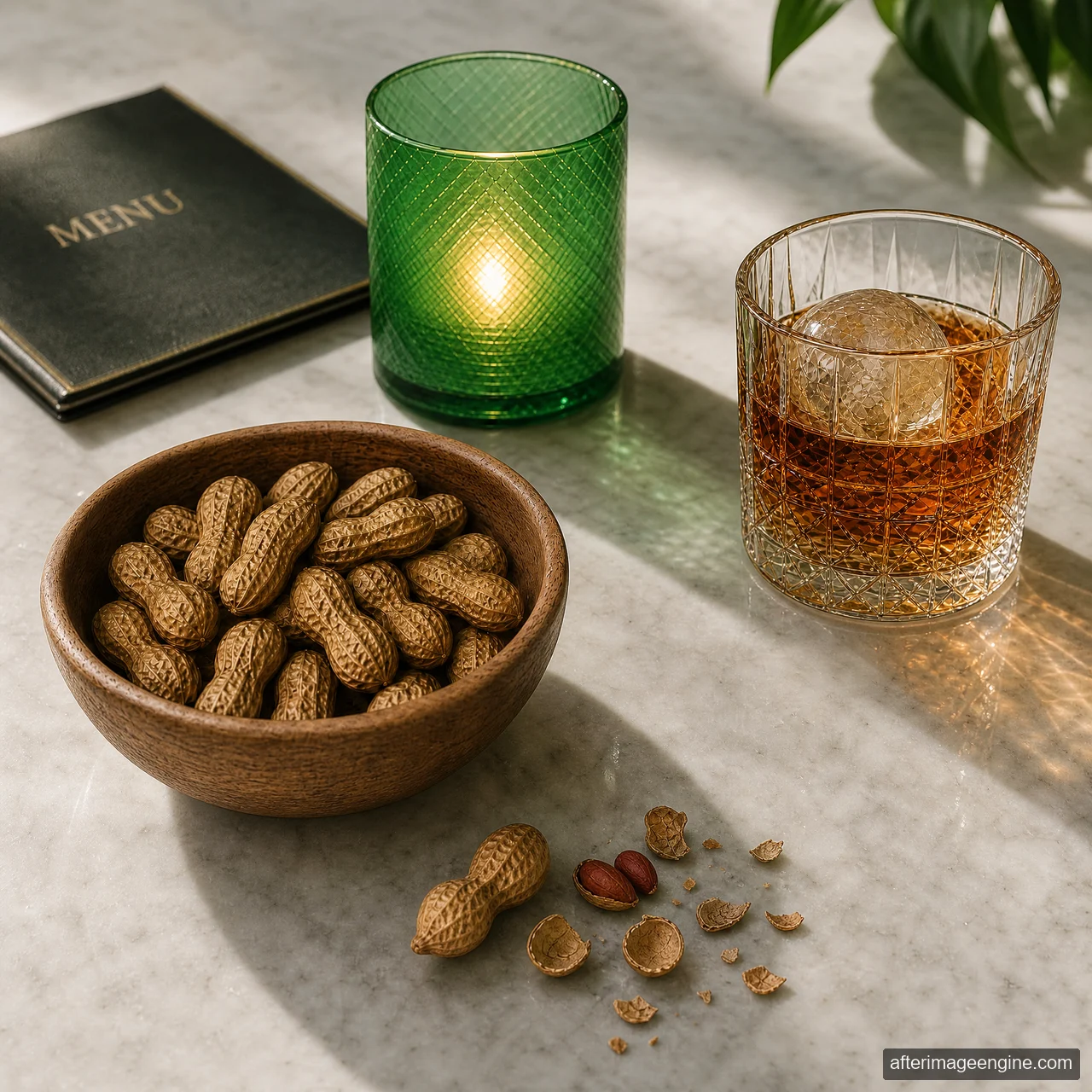A green candle holder, a glass with a round ice cube and a bowl of peanuts on a tabletop.